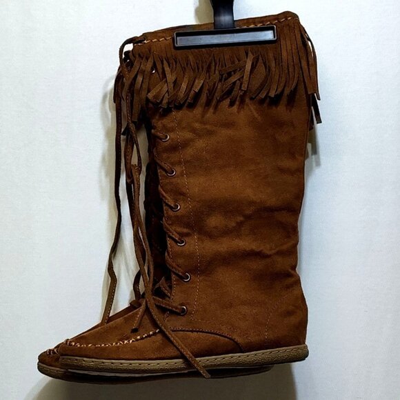 Charlotte Russe Knee High Fringe Boots Size 6 Faux Suede Zipper Lace-Up Detail - Picture 1 of 8